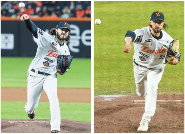 지난 10월 대전에서 열린 2025 프로야구 한국시리즈 LG 트윈스전에서 역투하는 라이언 와이스(오른쪽)와 코디 폰세. 연합뉴스