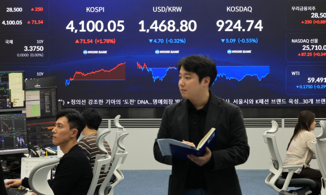 5일 서울 중구 우리은행 본점에서 직원들이 증시와 환율을 모니터하고 있다. 이날 코스닥 지수는 5.09포인트(0.55%) 하락한 924.74로 거래를 끝냈다. 연합뉴스