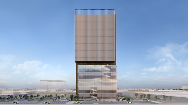 총 7100억 원이 투입돼 오는 2030년까지 부산 강서구 녹산국가산업단지 일대에 들어설 이지스자산운용 신규 AI 데이터센터(지하 1층, 지상 13층) 투시도 정면. 산업단지공단 부산지역본부 제공