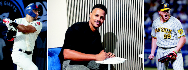 롯데 자이언츠가 내년 시즌 외국인 선수 구성을 마무리했다. 왼쪽부터 2년 연속 골든글러브를 수상하며 재계약에 성공한 레이예스와 MLB 통산 747이닝을 소화한 우완 파이어볼러 로드리게스, 메이저리그와 일본 프로야구 리그에서 활약한 비슬리. 연합뉴스·롯데자이언츠 제공