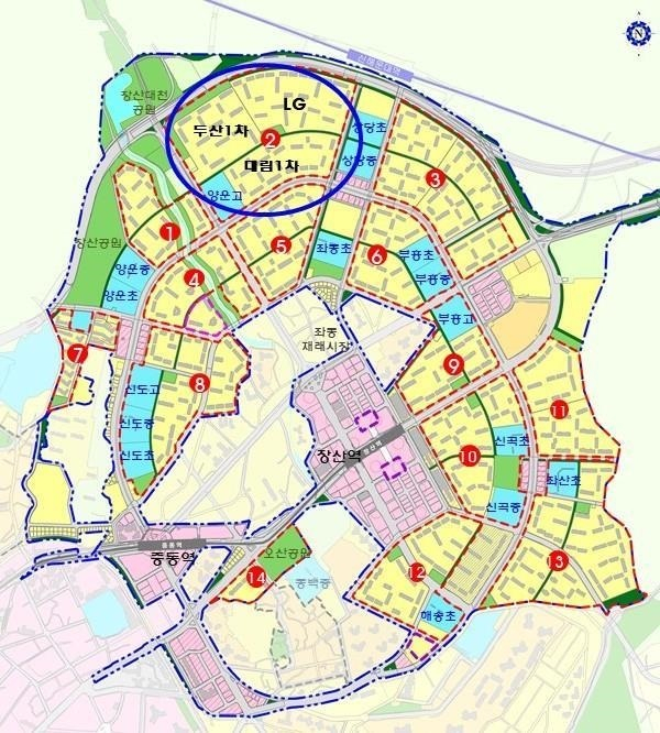 해운대 신도시 중 노후계획도시 정비 선도지구로 뽑힌 곳. 원안에 있다. 국토부 제공