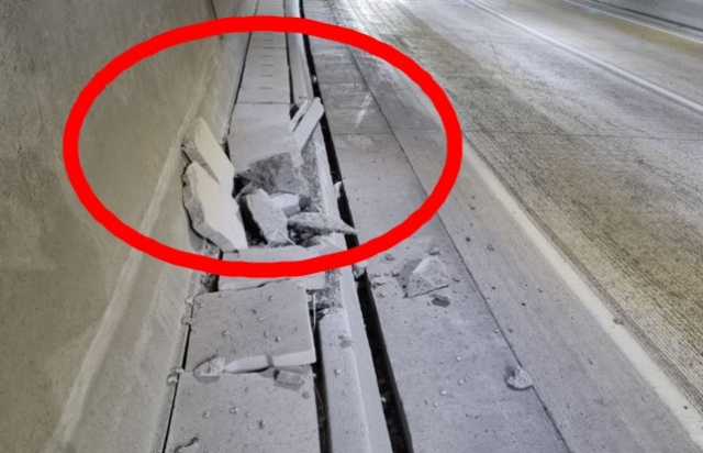 국민안전참여단이 신고한 고속도로 터널 종점부의 파손 구역. 한국도로공사 제공