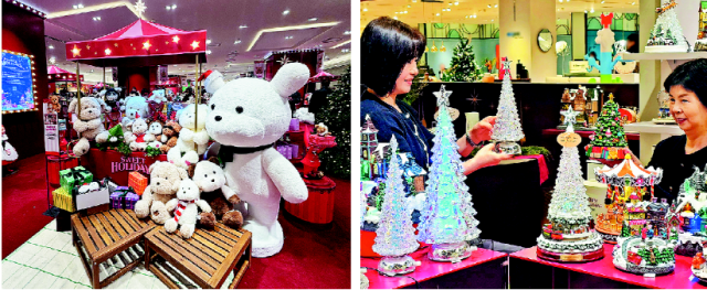 롯데백화점 부산본점에 설치된 ‘크리스마스 마켓’(왼쪽)과 신세계 센텀시티 내에 마련된 ‘크리스마스 존’. 각 사 제공