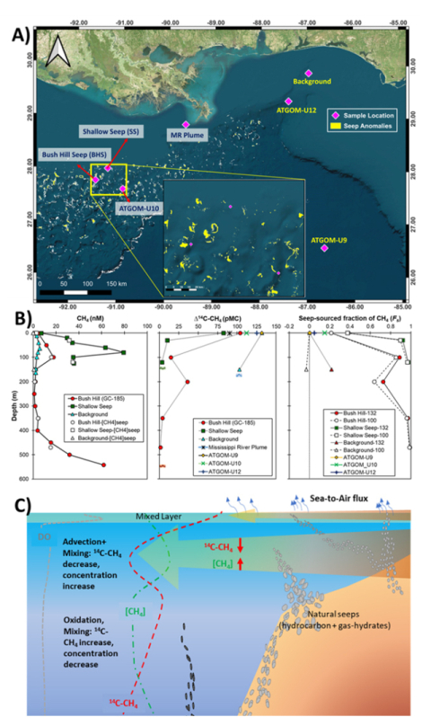 걸프만 지역에서의 메탄의 분포 연구 이미지.A) 걸프만 연구지역 및 해저에 존재하는 자연발생적 메탄 유출지 (natural seeps)B) 연구지역 메탄 농도와 방사성 탄소의 수직 분포C) 걸프만 지역 해수 내 메탄의 방사성 탄소의 분포 예상도.