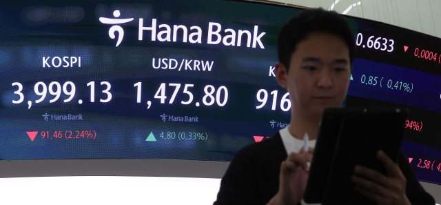 인공지능(AI) 산업 거품 우려와 미국 경제지표 발표를 앞둔 경계심리에 더해 중국 경기둔화 우려까지 겹치면서 코스피가 장중 4,000선 아래로 내려간 16일 서울 중구 하나은행 딜링룸 현황판에 코스피 지수 등이 표시되고 있다. 이날 코스피는 전장보다 91.46포인트 급락한 3,999.13으로 장을 마쳤다. 코스닥은 22.72포인트(2.42%) 내린 916.11로 거래를 종료했다. 원/달러 환율은 6.0원 오른 1,477.0원이다. 연합뉴스