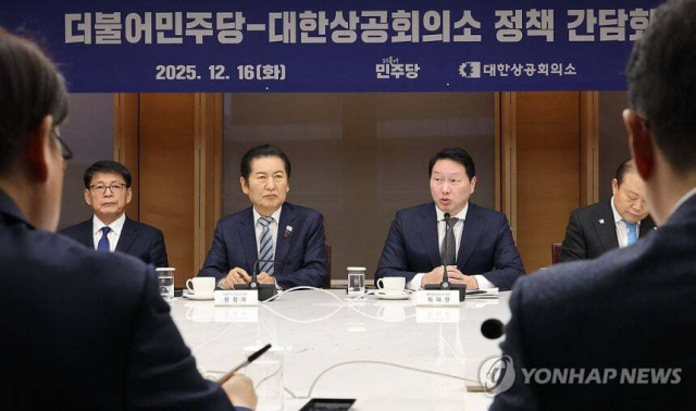 16일 서울 중구 대한상공회의소에서 최태원 회장이 더불어민주당 정청래 대표 등 당 지도부와 간담회에 앞서 인사말을 하고 있다. 연합뉴스