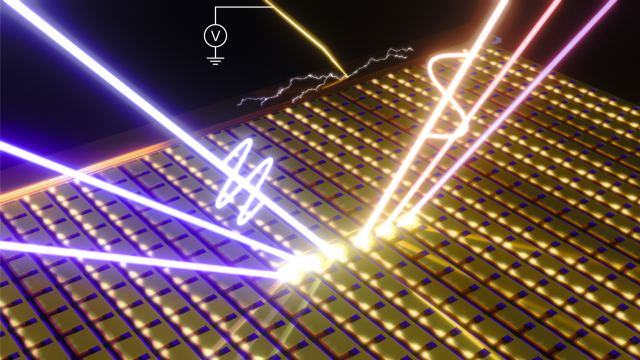 그림. 메타표면 소자가 빛의 색과 밝기를 조절하는 원리를 보여주는 개념도. 왼쪽에서 입사한 빛이 소자를 거쳐 오른쪽으로 나갈 때 성질이 변환되는데, 이때 두 가지 제어 방식이 적용된다. 먼저 빛이 들어오는 각도(빛줄기의 기울기)를 달리하면 나가는 빛의 ‘파장(색)’이 변한다. 동시에 소자에 전압(V)을 걸어주면 내부에서 빛과 물질이 결합하는 상태(비선형 폴라리톤)가 미세하게 변화하며 나가는 빛의 ‘세기(밝기)’가 조절된다. UNIST 제공