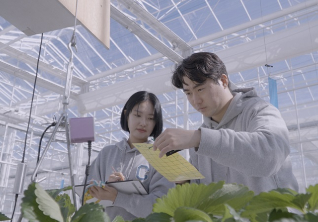 경북 상주 스마트팜 혁신밸리내에서 작물 생육을 점검하고 있는 관계자들. 농진원 제공