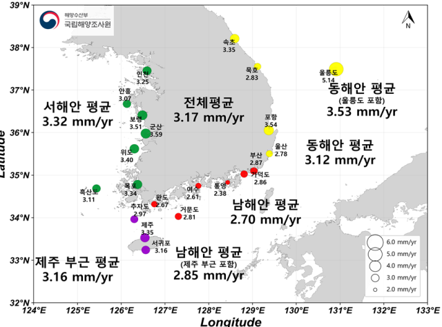 최근 36년간(1989~2024년) 해수면 상승률(21개소). 해수면 제공