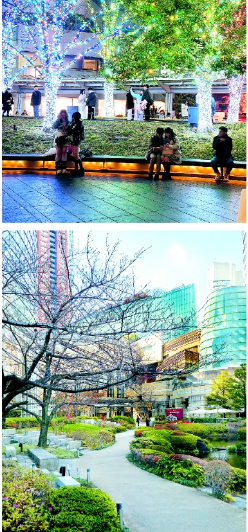 도심 속 정원으로 자리잡은 일본 도쿄 롯폰기 힐스의 벤치는 낮과 밤에 정다른 매력을 선보이며 이용자들에게 안식처가 되고 있다. 위쪽부터 모리빌딩 앞에 마련된 벤치와 시멘트색 도심 속 공원 풍경.