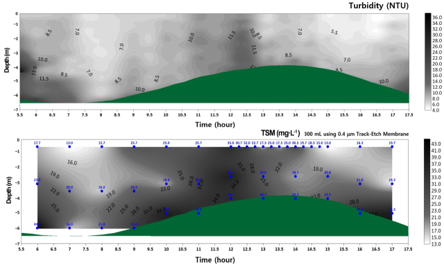탁도(NTU)와 부유물질 농도(TSM) 연직 시계열 분포. KIOST 제공