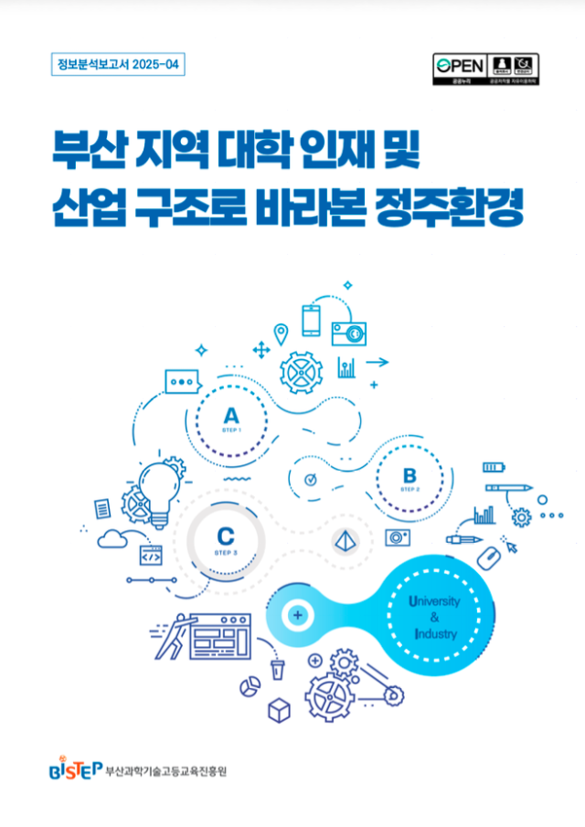 부산과학기술고등교육진흥원(BISTEP)은 30일 ‘부산 지역 대학 인재 및 산업 구조로 바라본 정주환경’을 주제로 한 정보분석 보고서를 발간했다. BISTEP 제공