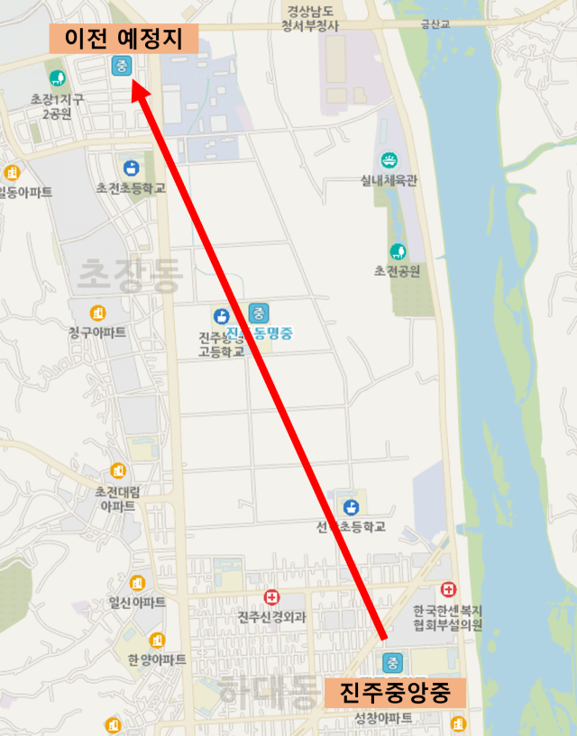 진주중앙중 초장동 이전 위치도. 경남교육청 제공