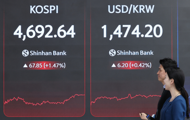 13일 서울 중구 신한은행 본점에 코스피 지수가 표시되고 있다. 연합뉴스