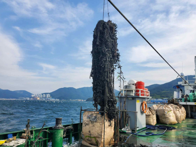 어구 일제수거 사업 중 거제시 유실·침적 폐어구 수거 장면. 해수부 제공