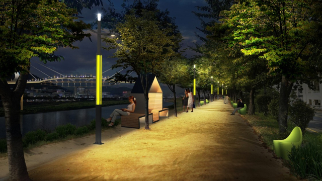 오는 3월까지 양산천 영대교에서 쌍벽루국민체육센터 간 둑마루길 산책로 800m 구간에 시행되는 야간 조명 환경 개선 사업 조감도.