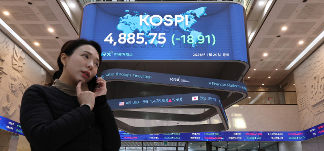 코스피가 내림세로 돌아선 20일 서울 영등포구 한국거래소 홍보관 현황판에 코스피 지수가 표시돼 있다. 연합뉴스
