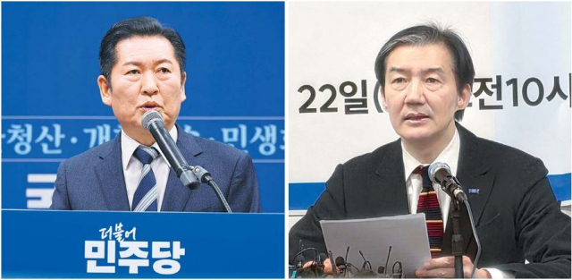 더불어민주당 정청래 대표가 22일 국회에서 긴급 기자회견을 열고 조국혁신당과의 합당을 제안하고 있다(왼쪽). 조국혁신당 조국 대표가 같은 날 전북 전주시 전북도당 당사에서 현장 최고위원회의를 주재하고 있다. 연합뉴스