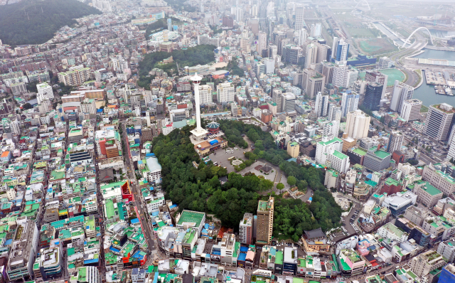 항공 촬영한 부산 중구 용두산공원 주변 모습. 이근열 교수는 용두산은 일본인이 잘못 사용한 지명이 현재까지 이어지고 있는 사례라고 주장한다. 부산일보DB
