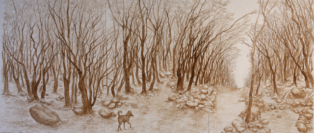 유현욱, 사라지는 붉은 섬, 동백 숲의 동백 꽃잎으로 만든 안료, 2025. 작가 제공