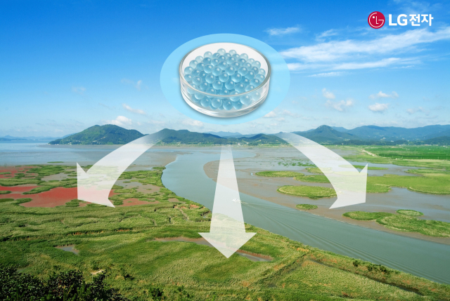 전남 순천만 갯벌에 LG전자가 개발한 기능성 소재 ‘마린 글라스’를 적용하는 그래픽 이미지.LG전자 제공