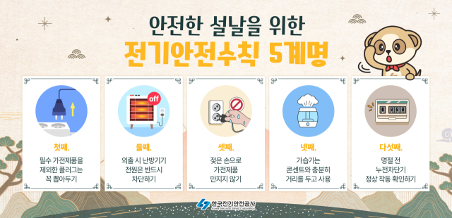 ‘전기안전수칙 지키고 안전한 설 명절 보내기’ 전기안전수칙 5계명. 전기안전공사 제공