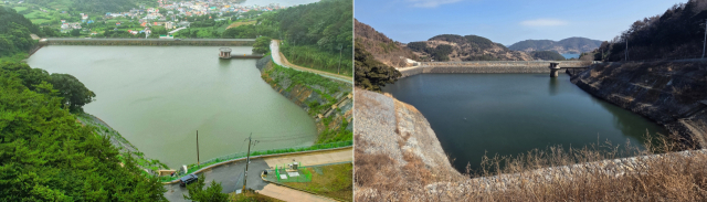 통영시 욕지면에 생활용수를 공급하는 식수댐. 저수량이 넉넉할 때(왼쪽)와 저수율이 30% 수준까지 떨어진 현재 모습의 비교 모습. 통영시 제공