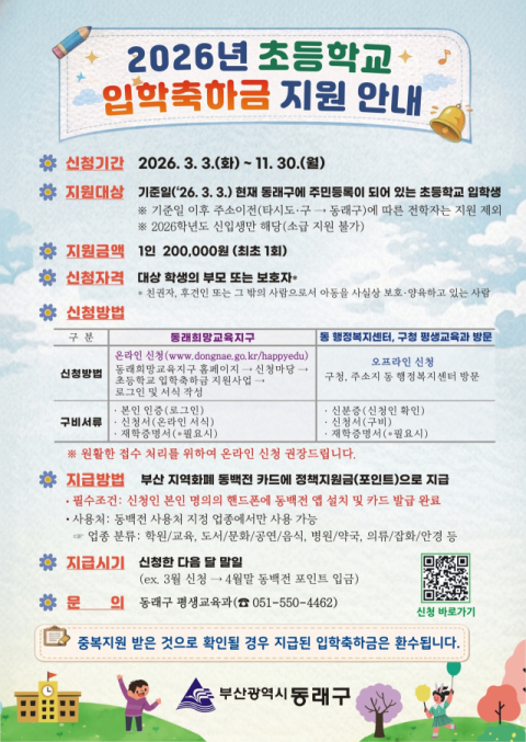 동래구, 2026년 초등학교 입학축하금 지원