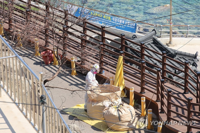 경북 영덕군 영덕읍 석리에서 작업자들이 석면 슬레이트를 치우고 있다. 연합뉴스