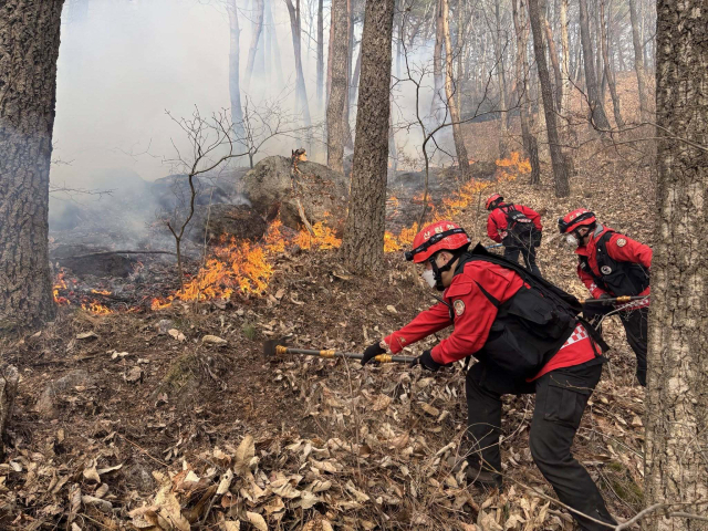 지리산 자락인 경남 함양군 마천면 야산에서 발생한 산불이 강풍을 타고 번지며 이틀째 꺼지지 않고 있다. 산림청 제공