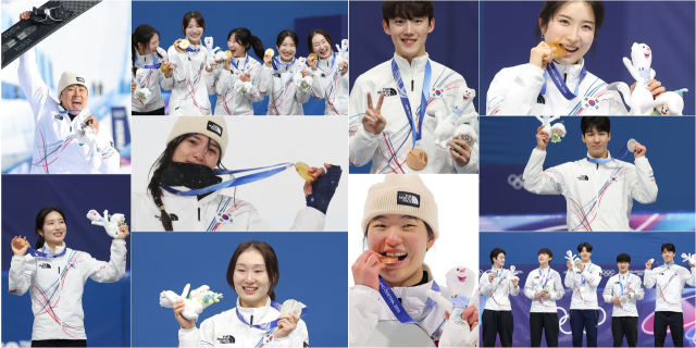 2026 밀라노·코르티나담페초 올림픽 시상대에 선 메달리스트들. 왼쪽 줄부터 스노보드 남자 평행대회전 은메달 김상겸, 쇼트트랙 여자 1000m 동메달 김길리, 쇼트트랙 여자 3000m 계주 금메달 심석희·이소연·노도희·김길리·최민정, 스노보드 여자 하프파이프 금메달 최가온, 쇼트트랙 여자 1500m 은메달 최민정, 쇼트트랙 남자 1000m 동메달 임종언, 스노보드 여자 빅에어 동메달 유승은, 쇼트트랙 여자 1500m 금메달 김길리, 쇼트트랙 남자 1500m 은메달 황대헌, 쇼트트랙 남자 5000m 계주 은메달 신동진·임종언·이준서·이정민· 황대헌. 연합뉴스