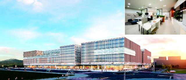 부산 강서구 에코델타시티 내 첫 대규모 지식산업센터인 ‘반도 아이비플래닛’의 조감도와 센터 내부 모습(작은 사진). 반도건설 제공