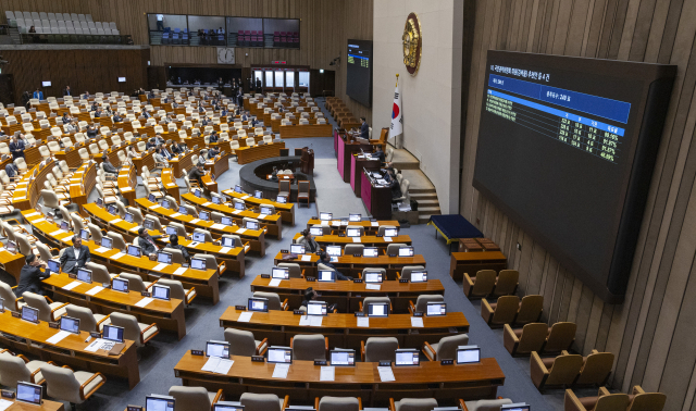26일 국회에서 열린 2월 임시국회 8차 본회의에서 국민의힘 몫의 천영식 방송미디어통신위원회 위원 후보자의 추천안이 부결되고 있다. 연합뉴스