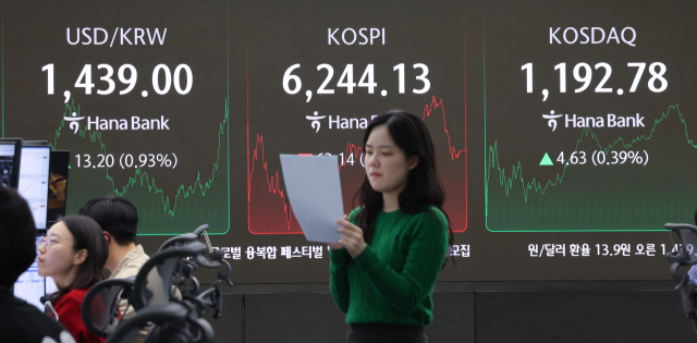 지난달 27일 서울 중구 하나은행 본점 딜링룸 현황판에 원/달러 환율, 코스피, 코스닥 지수가 표시돼 있다. 연합뉴스