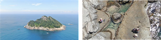 (왼쪽) 상공에서 바라본 수령여의 모습(드론 촬영). (오른쪽) 수령여의 조수웅덩이(드론 촬영). 해수부 제공