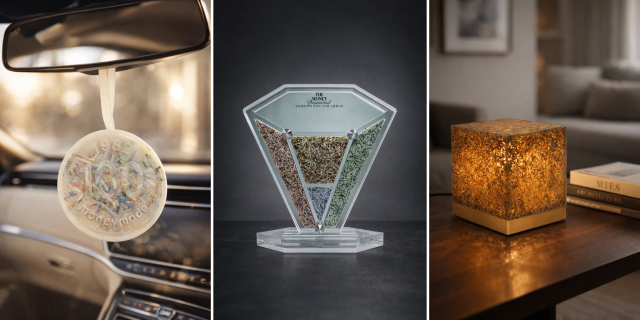 (왼쪽부터) 일상을 풍요로운 향기로 채우는 프래그런스 ‘돈방향제’, 파쇄된 지폐를 투명한 아크릴에 담아 부와 성공의 의미를 전하는 ‘돈상패’, 화폐 부산물 큐브를 투과하는 빛으로 복을 더하는 프리미엄 오브제 ‘돈조명’. 조폐공사 제공