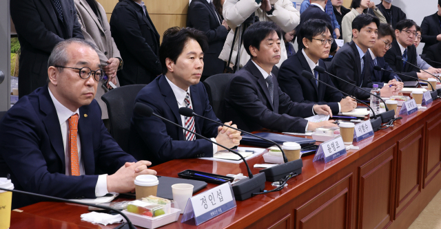 5일 국회 의원회관에서 열린 중동 현안 관련, 더불어민주당-재계 긴급 간담회에서 재계 참석자들이 자리하고 있다. 왼쪽부터 정인섭 한화오션 사장, 윤영조 삼성전자 부사장, 이항수 현대자동차 부사장, 오태길 HD현대오일뱅크 부사장, 박석중 SK 경영경제연구소장, 고윤주 LG 글로벌전략개발원장, 안영모 GS칼텍스 정책부문장. 연합뉴스