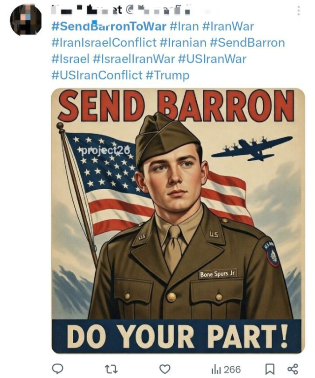 트럼프 미국 대통령의 막내아들인 배런 트럼프의 입대를 촉구하는 패러디가 유행하고 있다.