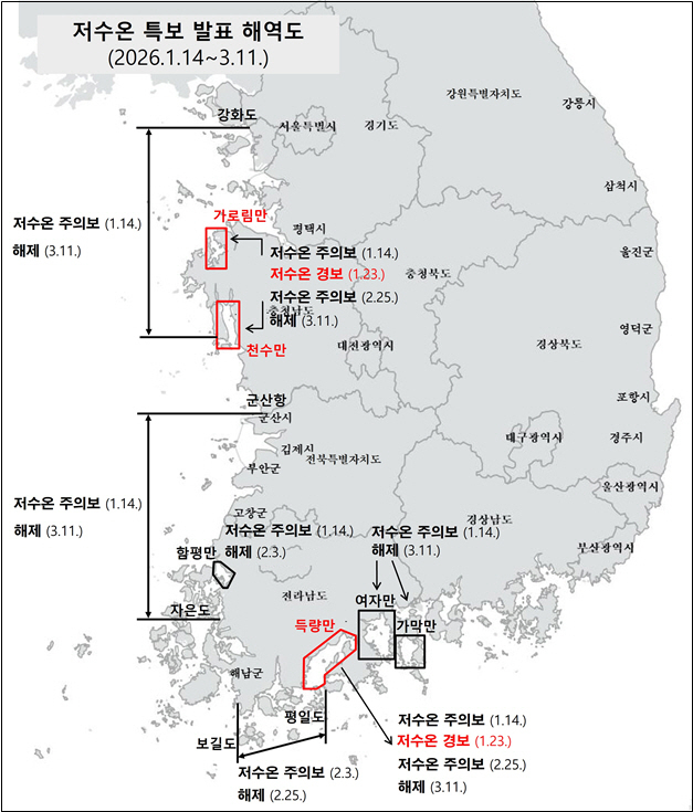 저수온 특보 발표 해역. 해수부 제공