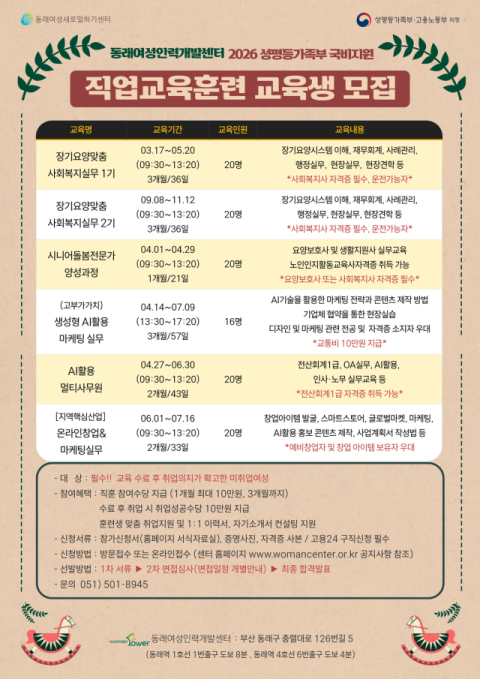 동래여성인력개발센터, 국비지원 직업교육훈련 교육생 모집