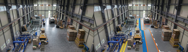 제조 사업장 재해예방 디자인 적용 전(왼쪽)과 후. 작업장 바닥에 동선과 구획이 그려졌다. 경남도 제공