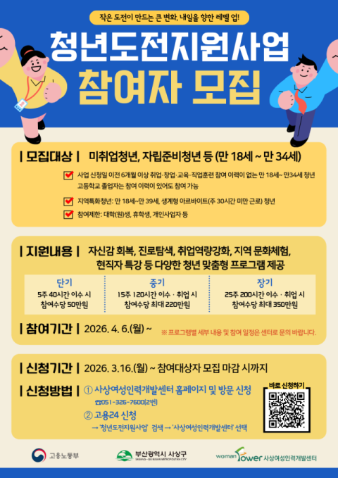 사상여성인력개발센터, ‘청년도전지원사업’ 참여자 모집