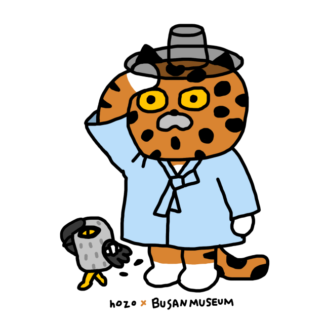 카카오프렌즈를 제작한 호조 작가가 부산박물관과 함께 흥구와 매기라는 캐릭터를 만들었다. 부산시립박물관 제공