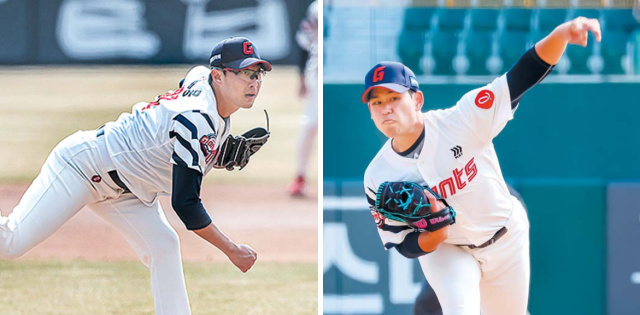 롯데 자이언츠의 ‘토종 에이스’ 박세웅(왼쪽)과 5선발로 시즌을 시작하는 김진욱. 김종진 기자 kjj1761@·롯데 자이언츠 제공