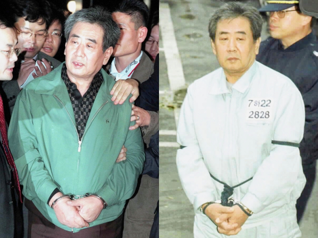 고문기술자 이근안 씨가 11년간의 도피생활을 끝내고 1999년 10월 28일 오후 수원지검 성남지청에 자수할 때의 모습(왼쪽)과 납북어부 김성학 씨에 대한 불법감금과 폭행혐의에 대한 재판을 받기 위해 수원지법 성남지원에 출석할 당시 모습(오른쪽). 연합뉴스