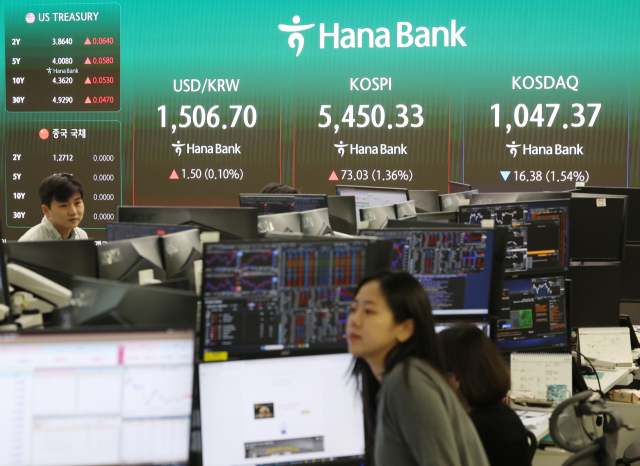 6일 서울 중구 하나은행 본점 딜링룸 전광판에 원달러 환율, 코스피, 코스닥지수가 표시돼 있다. 연합뉴스