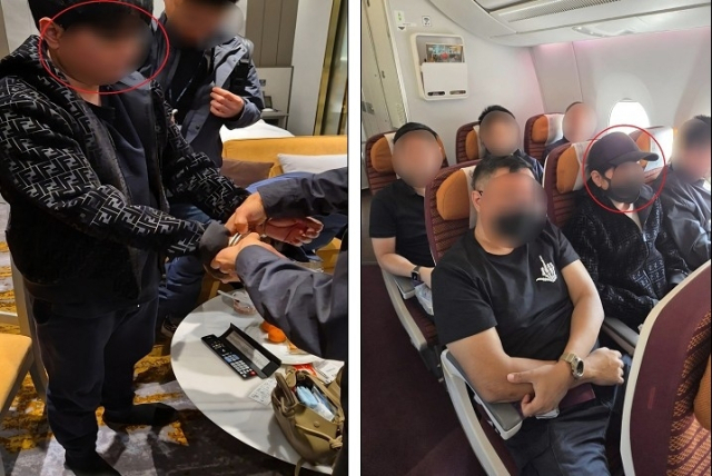 법무부 이민특조팀이 국제 마약조직에 대해 체포 절차를 집행하는 모습(왼쪽)과 태국 정부 호송단 5명이 검거된 마약 조직 총책을 이송하는 모습(오른쪽). 국가정보원 제공. 연합뉴스