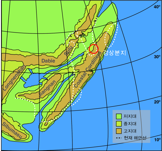 전기 백악기 동아시아 지형도 및 경상분지 위치. 김경수 교수 제공