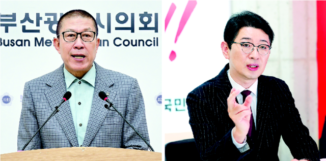 국민의힘 부산시장 경선을 하루 앞둔 8일 박형준(왼쪽) 부산시장이 부산시의회에서 기자회견을 열고 보수 대통합을 호소했다. 주진우 의원은 보수의 적자는 자신이라며 박 시장의 통합론에 맞섰다. 부산시의회 제공·이재찬 기자 chan@
