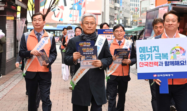한전 김동철 사장(왼쪽 두 번째)이 서울 명동에서 에너지절약 거리 캠페인을 하는 모습. 한전 제공